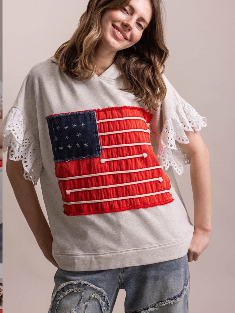 ❤️ BLUE VELVET “USA“ BLUE VELVET SHORT RUFFLE SLEEVE AMERICAN FLAG HOODIE TOP 27 - Picture 1 of 8